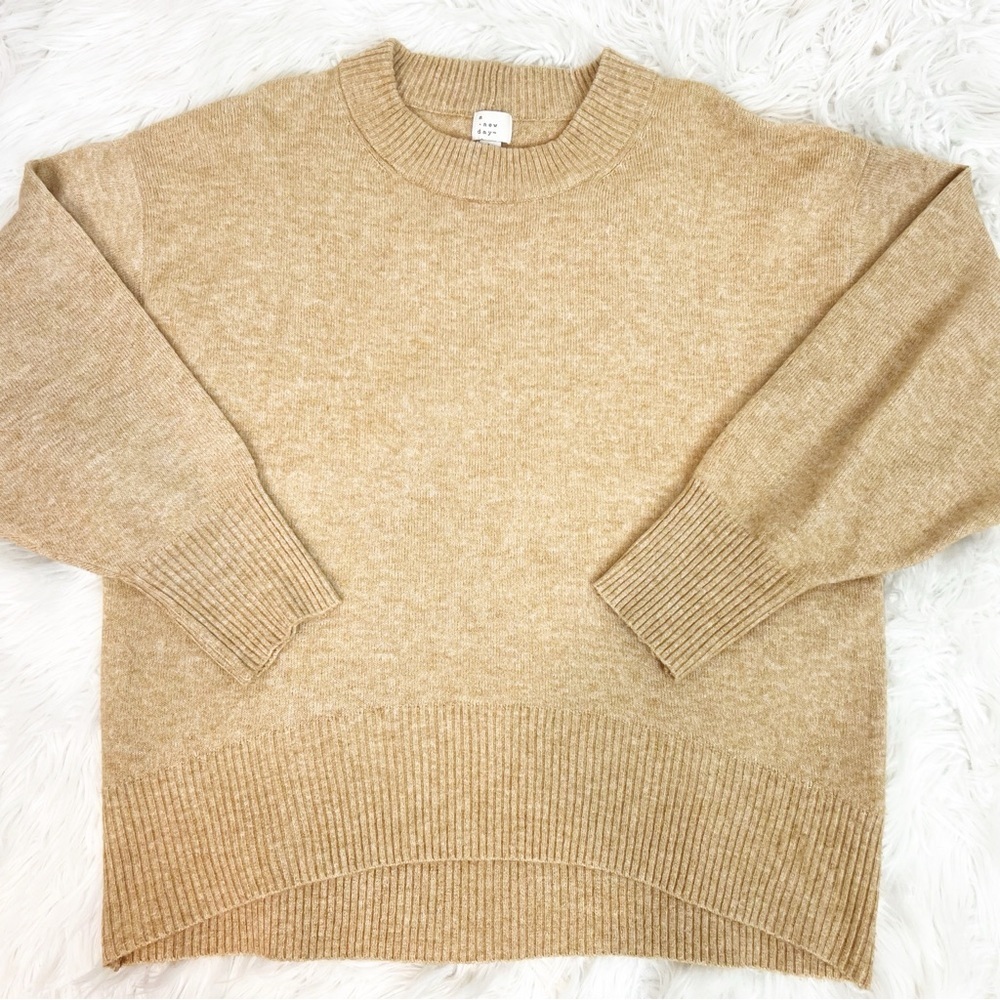 A NEW DAY TAN BROWN PULLOVER CREWNECK SWEATER RIBBED NECKLINE CUFF HEM SZ MEDIUM